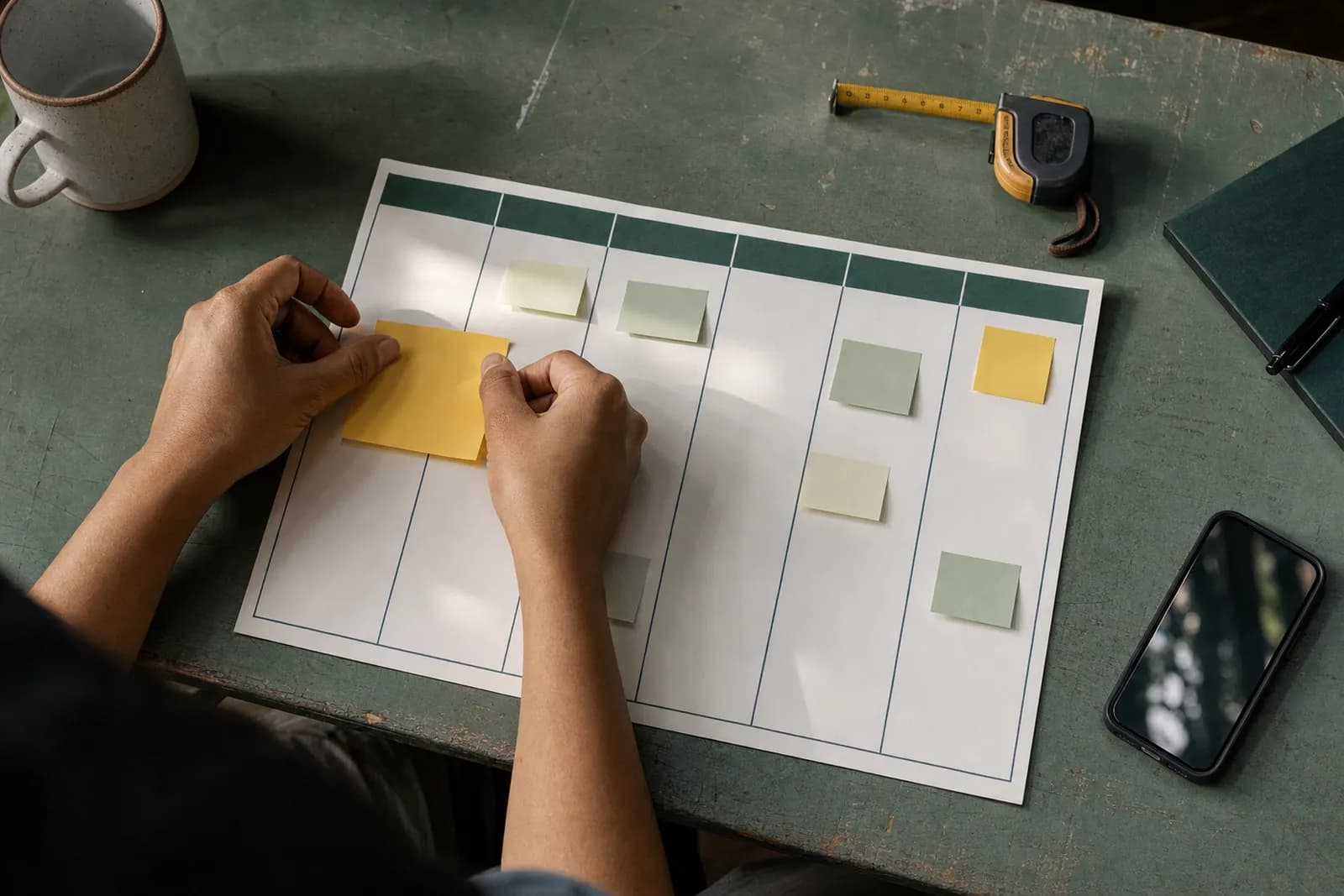 Hands placing a blank sticky note on a seven-column paper planner on a workshop table