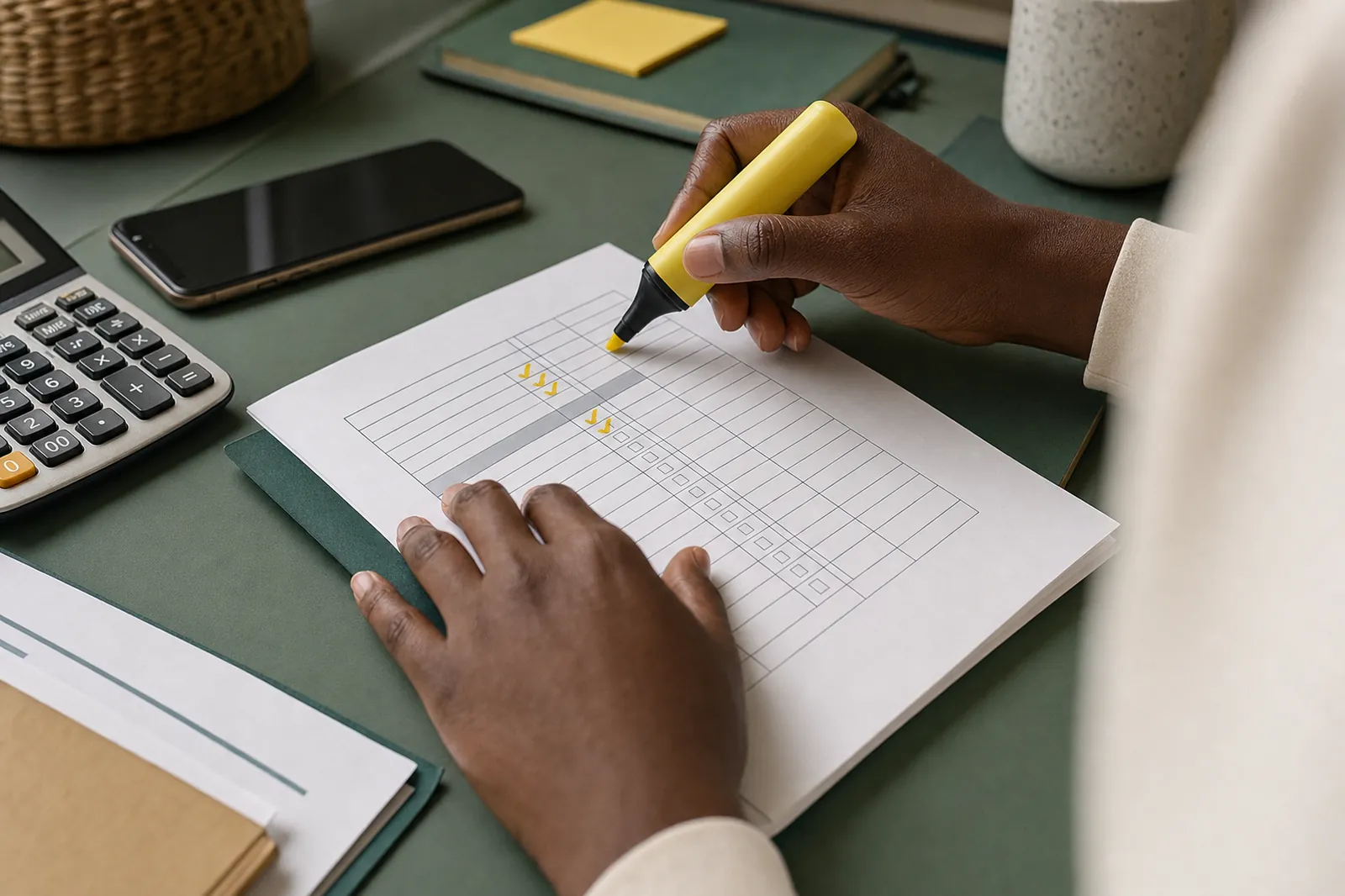Hands ticking items on a printed page with a highlighter, a calculator beside them