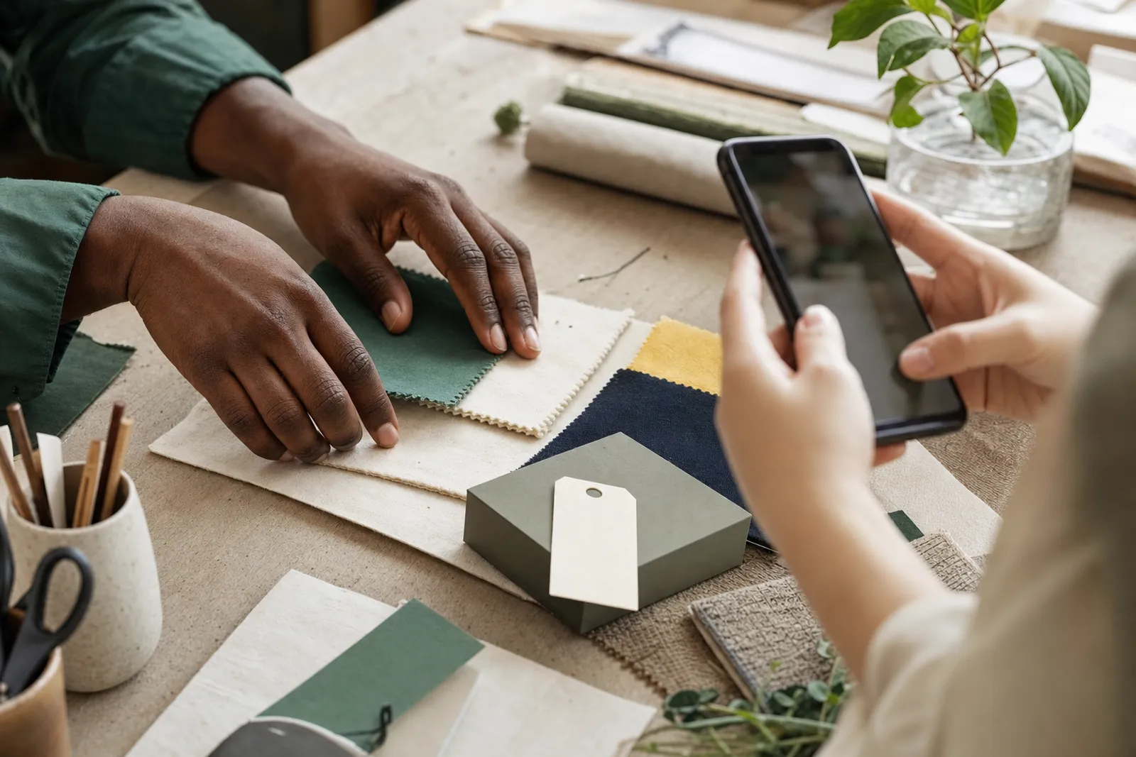 Hands arranging fabric swatches and a blank tag on a craft studio table while another person holds a phone