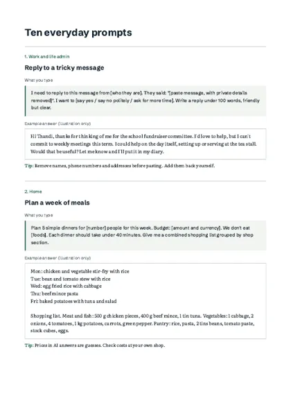 A prompt page with what to type, an example answer and a tip